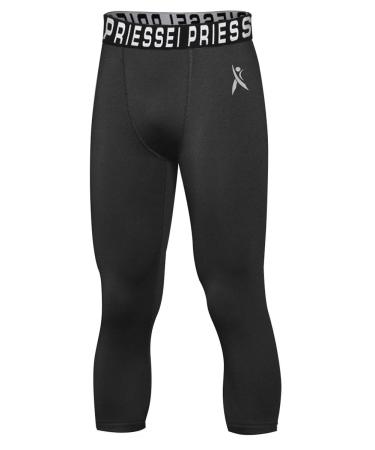 PRIESSEI Youth Boys' Compression Pants Kids Running Leggings Sports Football Tights Basketball Baselayer 3/4 Black Medium