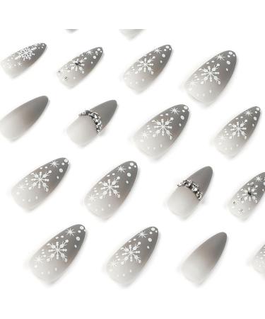 SINLOV Christmas Snowflakes Almond False Nails French Crystal Fake Nails Matte Press on Nails Ballerina Acrylic Full Cover Fake Nails for Women and Girls - Buy Online on GoSupps.com