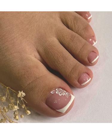 French Tips Press on Toenails Glossy Square Shape Nude Pink False Toe Nails with Glue Tender Full Cover Fake Toenails Designs with Flowers for Summer Acrylic Toe Static Nails for Women&Girls 24Pcs white french tip flower