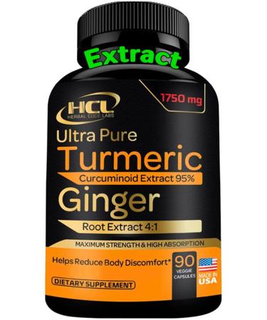 Turmeric Curcumin with Ginger - 1750mg of 95% Curcuminoids and Ginger Extract Supplement - Strong Natural Joint Support Pills - Antioxidant Support - 90 Caps