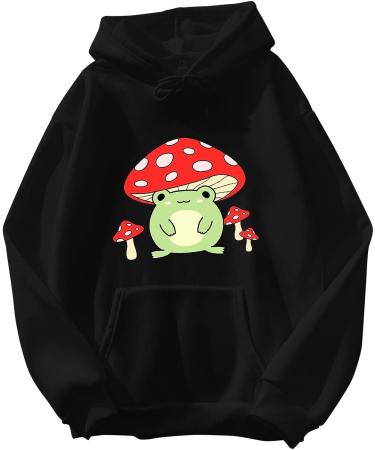 Cute Frog Mushroom Hoodie for Women | Long Sleeve Drawstring Sweatshirt with Pockets | Casual Top in Black | Size Medium - Buy Online on GoSupps.com