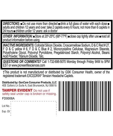 GenCare Tension Headache Relief Caplets - 200 Count Value Pack | Acetaminophen 500mg & Caffeine 65mg | Extra Strength Pain Reliever for Head and Body Aches - Buy Online on GoSupps.com