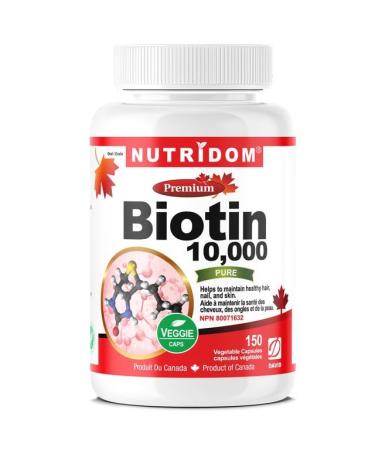 Nutridom Biotin 10 000 mcg Supports Hair Skin and Nails Vegan Vitamin B7 Supplement Extra Strength Non-GMO Gluten free Soy fee and Dairy free (150 Veggie Capsules)