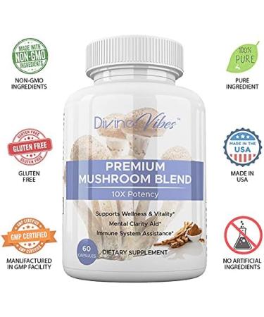 Divine Vibes Mushroom Supplement Promotes Mental Clarity Focus and Memory Daily Mushroom Supplement Vegan 60 Capsules (30 Servings) - Buy Online on GoSupps.com