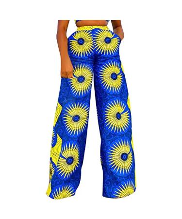 BOXIACEY Wide Leggings for Women Elastic High Waist Printed Boho Hippie Palazzo Casual Pants Loose Long Sweatpants Trousers Large Blue