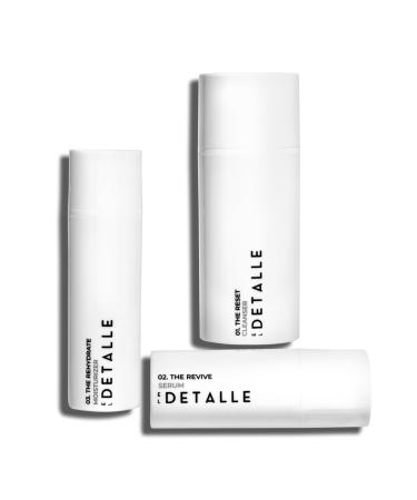 El Detalle - The Regimen - 3 Step Set | Men's simple and effective skin care Includes: The Reset Cleanser The Revive Serum The Rehydrate Moisturizer Suitable for all skin types One-pump solution