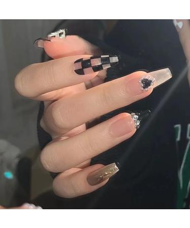 French Tip Press on Nails - Long T Press On Nails with Nail Tips Checkerboard Design Black Hearted press on nails Acrylic False Nails Cute Artificial Nails