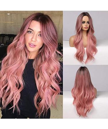 JOOLER Pink Wigs For Women Pink Wig Ombre Wigs Long Pink Wigs Natural Hair Color Wigs Middle Part 24 Inch Wig Heat Resistant (PINK)  ( Pink Wig )