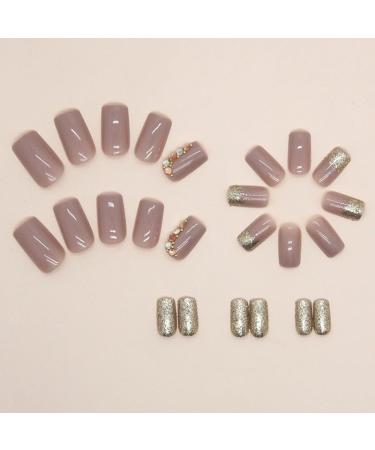 Mouyouglow Press On Nails - Square Dark Nude Gold Glitter Rhinestones | T11 Artificial Fingernails with Nail Glue - International Shipping Available - Buy Online on GoSupps.com