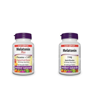 Webber Naturals Melatonin Plus 1.5 mg of Melatonin with L-Theanine & 5-HTP 40 Chewable Tablets For Sleep Support Vegan & Melatonin 3 mg 90 Quick Dissolve Tablets For Sleep Support Vegetarian Melatonin Plus+ Melatonin