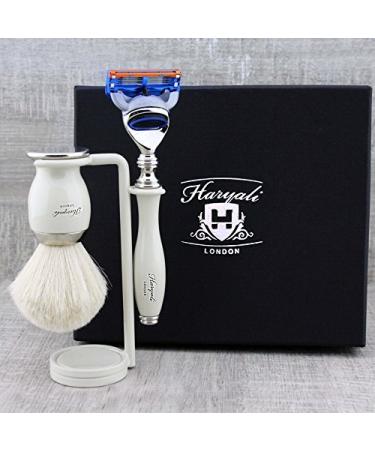Haryali London Men's Shaving Set with 5 Razor Blades with White Badger Hair and Stand