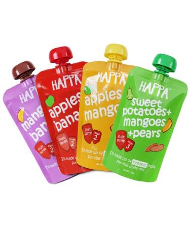 Happa Organic Food for little one Fruit Puree (Apple+Mango Mango+Banana Apple+Banana Sweet Potato+Mango+Pear) Stage 3 4 Pouches 100 Gram Each