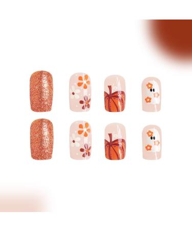 48Pcs Halloween Press on Nails - Cute Pumpkin & Ghost Glitter Acrylic Full Cover - Short Square Reusable Stick On Nails for Women - Buy Online on GoSupps.com