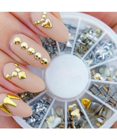 120Pcs/Wheel Nail Art Jewels DIY Metal Stud Stickers Golden Silver Metal Nail Art Stickers Decor Tips Glitter Nail Metallic Studs Nail Art Decoration Wheel Gift Random (Random) Golden Silver