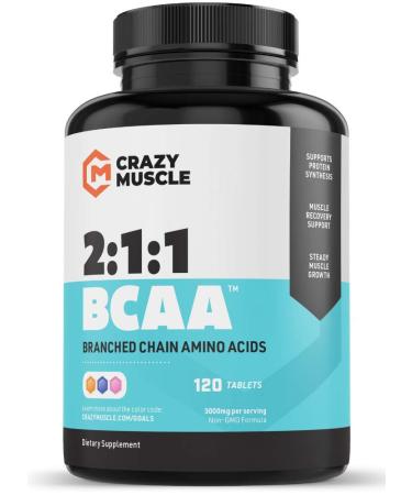 Crazy Muscle BCAA Pills with The Perfect 2:1:1 Ratio of Branched Chain Amino Acids Supplement - 1000mg of BCAAs per Pill (Better Than Capsules) by Crazy Muscle - 120 Tablets Pills 120 Count (Pack of 1)