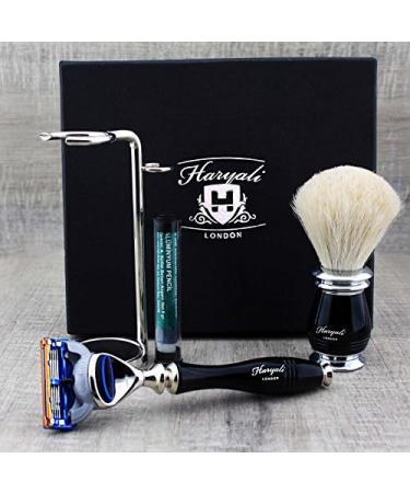 4 Pc Men's Shaving Kit | 5 Edge Razor White Badger Hair Brush Stand & Alum Pencil - Perfect Grooming Set - Buy Online on GoSupps.com