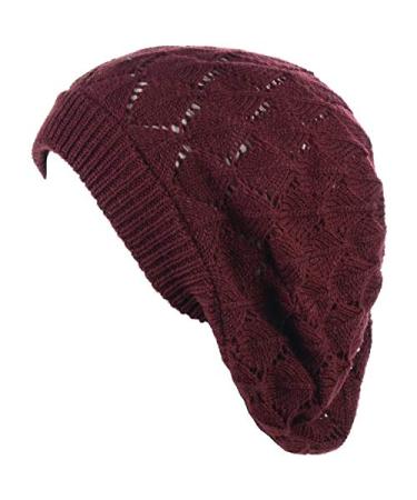 BYOS Chic Soft Knit Airy Cutout Lightweight Slouchy Crochet Beret Beanie Hat Burgundy Leafy