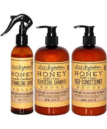Urban Hydration Honey Health and Repair Shampoo Conditioner and Detangler Set | Sulfate Paraben and Dye Free Cleanses Detangles Hydrates and Repairs For Healthy and Shiny Hair All Hair Types