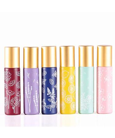 6 Pcs 10ml 1/3 Oz Glass Roll On Bottles,Empty Glass Roller Bottles With Stainless Steel Roller Balls,Golden Aluminum Lid-6 Printed Flower Style Travel Vial Container - Buy Online on GoSupps.com