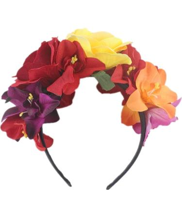 Women Day of The Dead Headband Artificial Rose Flower Crown Mexican Halloween Festival Headpiece Colorful Fake Stamen Party Hair Hoop - Buy Online on GoSupps.com
