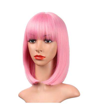 AISI BEAUTY 12 Inch Pink Bob Wig with Bangs - Short Straight Synthetic Cosplay Party Wig for Women - Buy Online on GoSupps.com