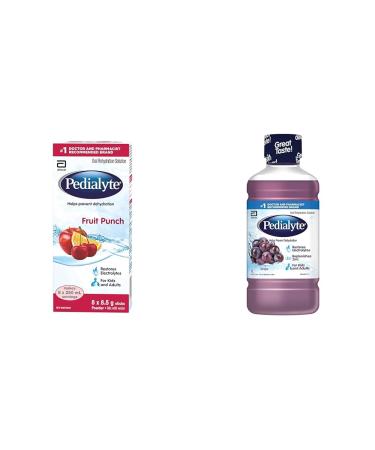 Pedialyte Electrolyte Powder Sticks Oral Rehydration Solution Fruit Punch 8 x 8.5 g Electrolyte Powder Packets & Electrolyte Oral Rehydration Solution Grape 1-L Bottle Drink Flavored + Grape Flavor Fruit Punch 8 Count (Pack of 1)