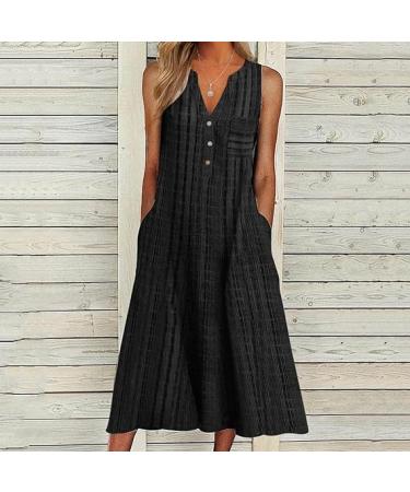 Women Casual Dress Summer Stripe Button V Neck Sleeveless with Pocket Long Dresses Holiday Beach Dress Black XX-Large - Buy Online on GoSupps.com