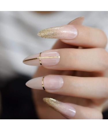 Buy Hujl Beige French Press On Nails Super Long Natural Sharp Design with Sequins & Golden Cross-Line - Buy Online on GoSupps.com
