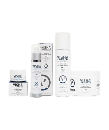 Visha Skincare Advanced Skin Care Bundle | Advanced Purifying Facial Cleanser (6.8 oz) | Advanced Bright Eye Booster (0.5 oz) | Advanced Correcting Serum (1.8 fl oz) | Face 2 Feet Body Balm (10 oz)