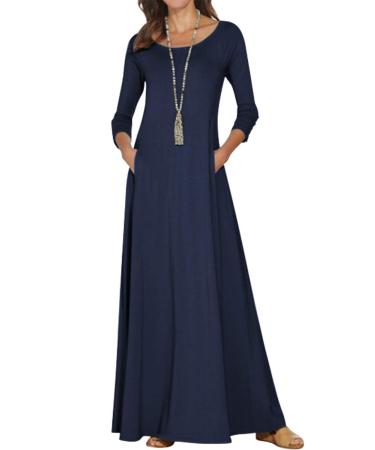 Jacansi Women's 3/4 Long Sleeve Maxi Dresses Casual Boat Neck Dress with Pockets 3XL Navy