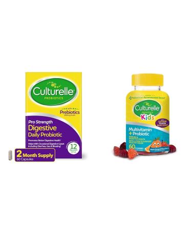 Culturelle Pro Strength Daily Probiotic Digestive Health Capsules 60 Count Kids Probiotic Gummies Peach-Orange & Mixed Berry 60 Count