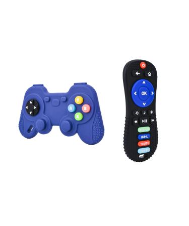 MOLkoi 2 Pack Remote&Game Controller with Box Silicone Teether Toys Babies Teething Toys Toddlers Baby Teether Toys for Infants Girls Boys 6-12 Months 0-6 Months Sensory Chew Toy Gift (Black+Blue) Black + Blue