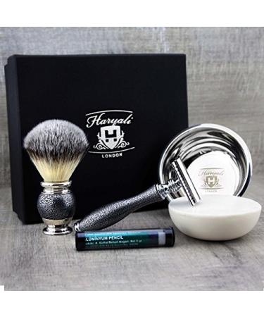 Vintage Look Men's Shaving Set Eco Synthetic Brush DE Safety (Blades NOT Included) Engraved Bowl & Soap| Gift for Him