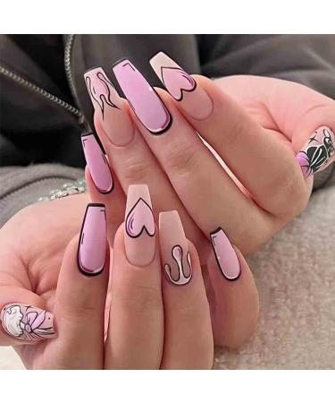 Foccna Comic Pink Press on Nails Extra Long  Acrylic Fake Nails Coffin Cartoon LOVE Design False Nails Artificial Nails for Women and Girls  24 pcs