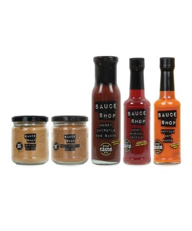 Sauce Shop | Wing Starter Pack | 5 items | The ultimate Chicken Wings at Home | Rubs & Sauces inc Buffalo Hot Sauce and Honey Chipotle BBQ Sauce