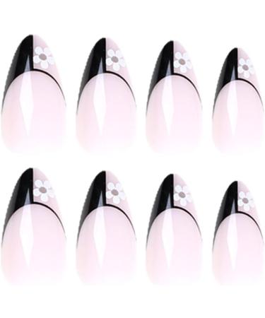 JUSTOTRY 24 Pcs Almond False Nails Short Black French - Flower Pattern | Oval Stick on Nails for Women | Nail Glue Included - Buy Online on GoSupps.com