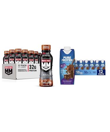 Muscle Milk Pro Advanced Nutrition Protein Shake Knockout Chocolate 11.16 Fl Oz Pack of 12 & Pure Protein Chocolate Protein Shake 30g Protein 11oz Bottles 12 Pack