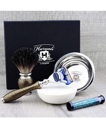 Mens Shaving Kit 5 Edge Razor with Black Badger Hair Shaving Brush Soap Bowl and Alum Perfect Set for Men