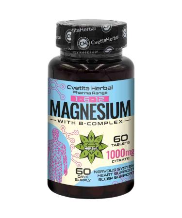 Magnesium Citrate + Vitamin B Complex | 1000mg Magnesium Citrate | 60 Tablets (60 Days Supply) | High Strength & High Absorption | Calm Sleep | Supports Muscle & Bone Health | by Cvetita Herbal (1)