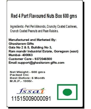 Ghasitaram Gifts Diwali Gifts Red 4 Part Flavoured Nuts Box 600 GMS - Buy Online on GoSupps.com