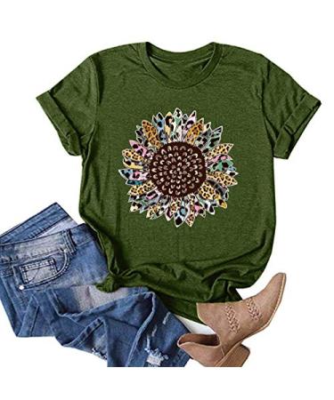 Women's Sunflower Summer T Shirt Plus Size Loose Blouse Tops Girl Short Sleeve Floral Print Casual Cute Graphic Tees 20-green X-Large