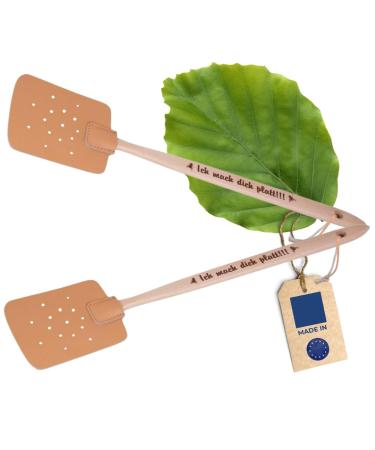 2x Hofmeister fly gossip made of beech wood & leather from Europe clap with saying print: I make you flat !!! practical mosquito rackers catch insects mosquito catchers 47.5 cm I get flat !!!2