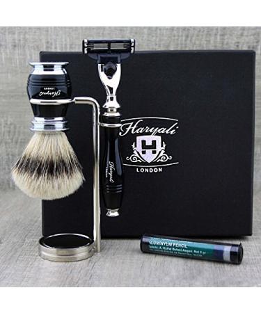 4Pc Mens Shaving Kit 3 Edge Razor With Silver Tip Badger Hair Shaving Brush Dual Stand and Alum Pencil Perfect Set For Men