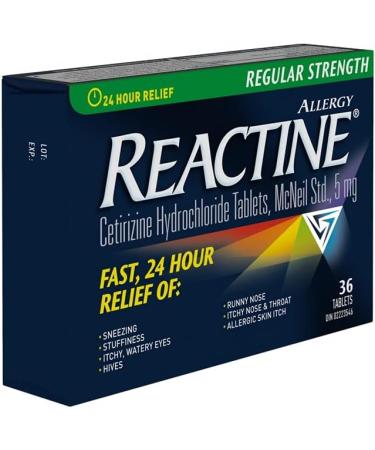 Reactine Regular Strength Antihistamine Tablets - 5mg Cetirizine Hydrochloride - 24 Hour Allergy Relief Medicine - 36 Count 36 Count (Pack of 1) - Buy Online on GoSupps.com