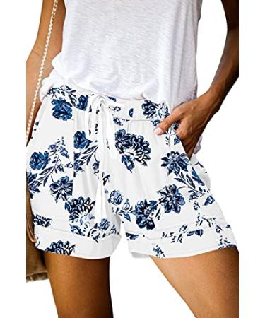 ONLYSHE Womens Casual Drawstring Shorts Summer Elastic Waist Shorts Pocketed Pants Large B-cornflower