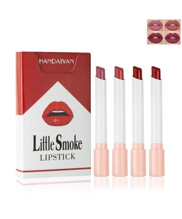 4Pcs Cigarette Case Lipstick Long-Lasting Non-Sticky Matte Nude Lipstick Set Lightweight Mini Velvety Lip Gloss Little Smoke Tube Style Lip Tint Festivals Gift for Women Daily Lip Makeup (A) Red A