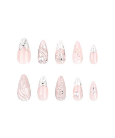 24 Pcs French Tip Press on Nails - Acrylic Medium Fake Nails with 3D Bow & Heart Charms | Stiletto & Almond Shape - Full Cover & Reusable for Women & Girls - Buy Online on GoSupps.com