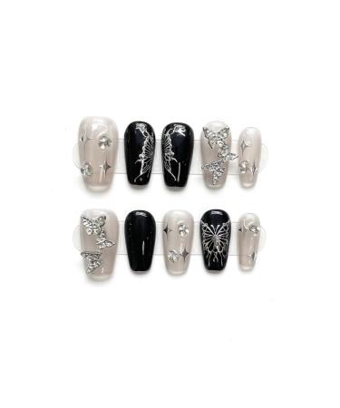 Full Diamond Nail Decoration Dove Bridal Wedding Nail Handmade Wearing Nail Decoration Removable False Nail Patch(Black M)