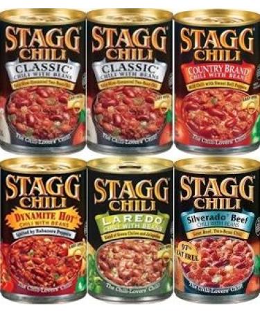 Stagg Chili with Beans Sampler Pack 15oz (Variety pack of 6 w/ 2 Classic, 1 Country Brand, 1 Dynamite Hot, 1 Silverado Beef & 1 Laradeo)