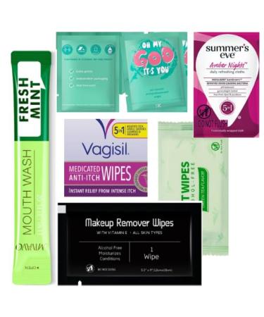 Feminine wash kit travel expected the unexpected and keep confident with individual wrap items QR code (Anti-Itch & Amber Nights)